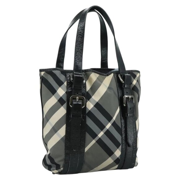BURBERRY Nova Check Tote Bag PVC Enamel Gray Black Auth 111120 - Picture 2 of 16